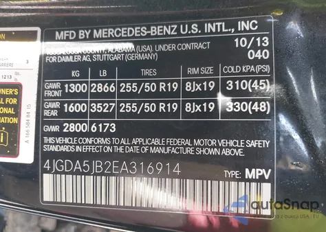 2014 Mercedes-Benz Ml 350 from USA, damaged, VIN 4JGDA5JB2EA316914